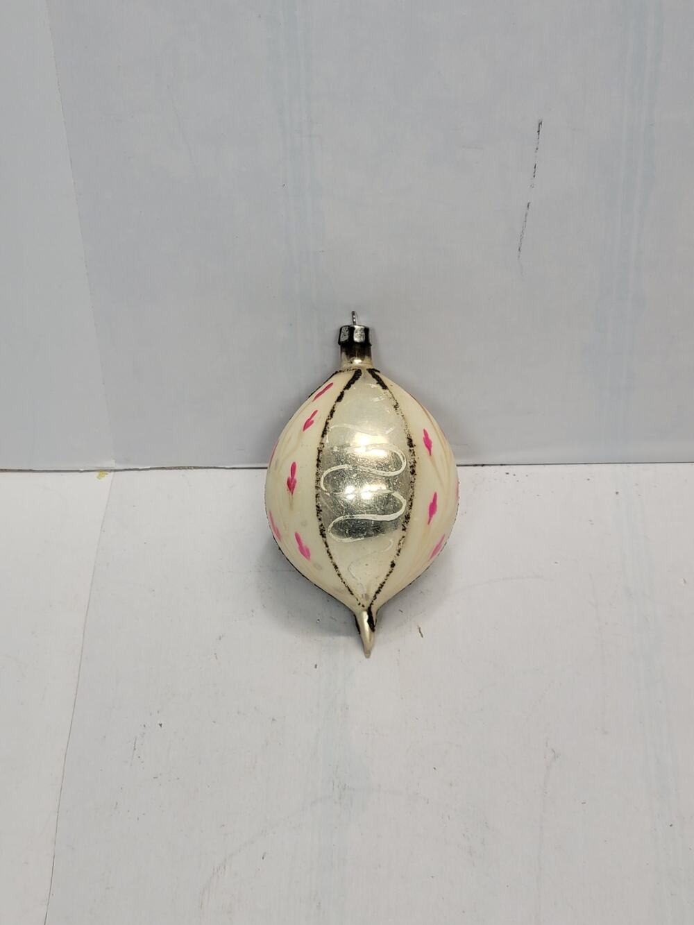 Vintage Poland Glass Teardrop Christmas Ornament Pink Silver Hand Painted MCM